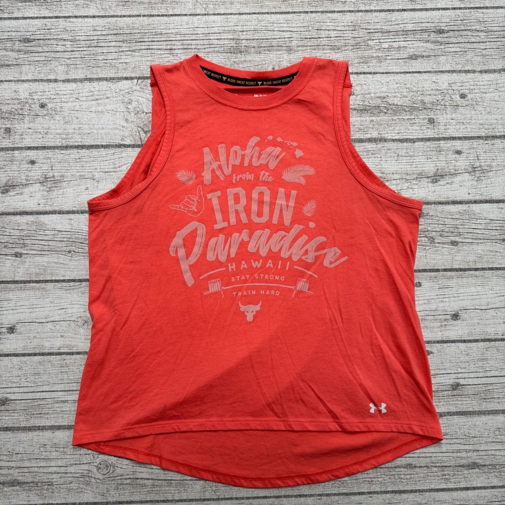 Under Armour Tank Top Women's S Orange Aloha Iron Paradise Project Rock Athletic